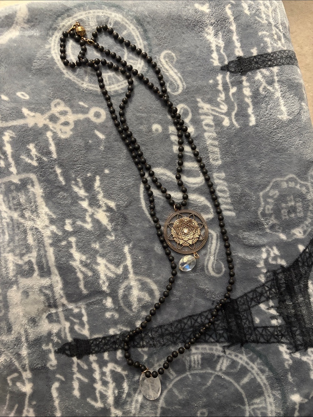 Gold Mandala Pendant Necklace with Black Beads